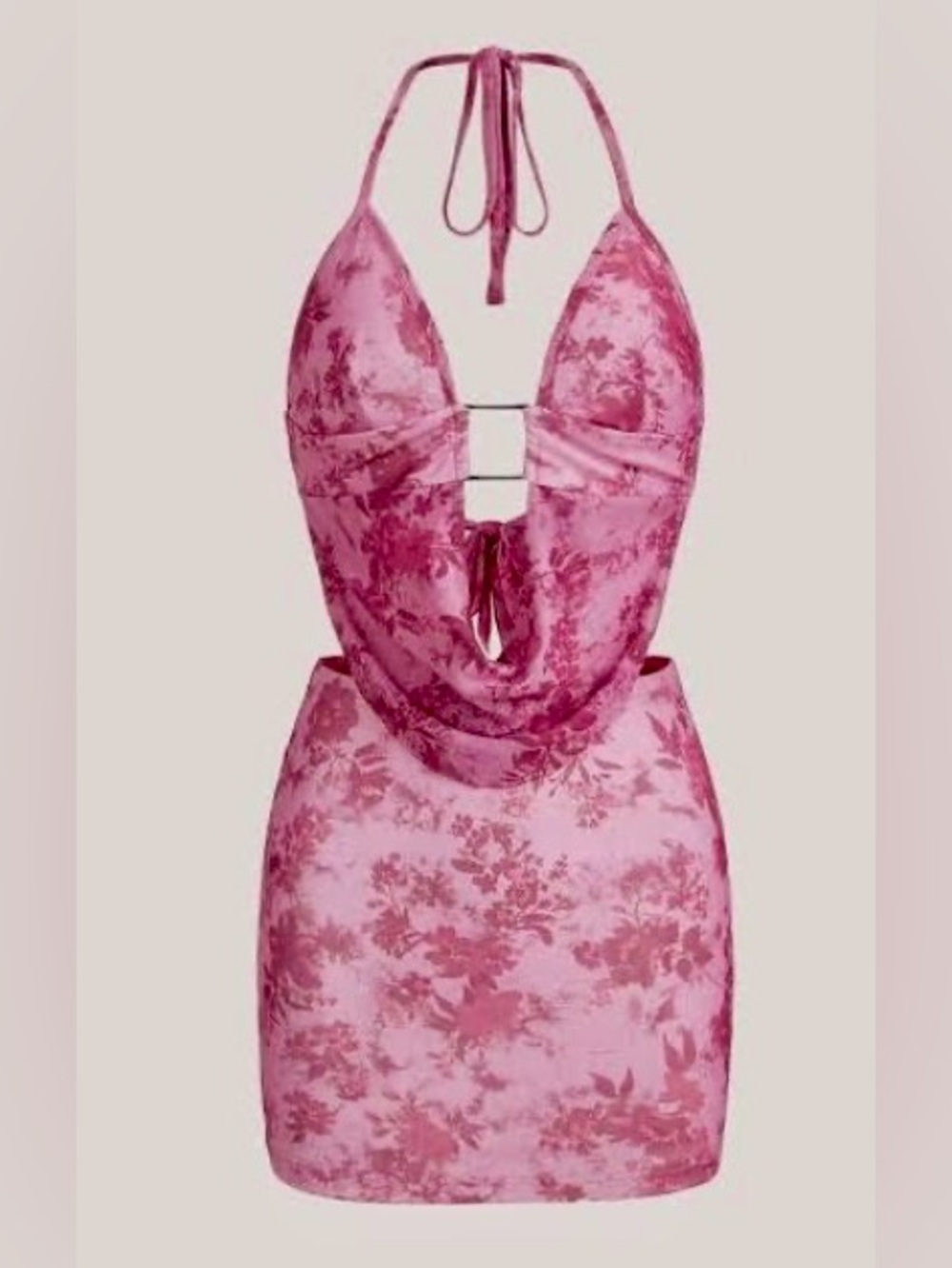 SHEIN ICON NWT Pink Floral Print Draped Front Halter Top & Bodycon Skirt Set.
